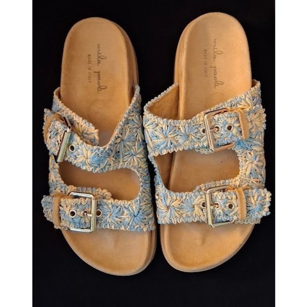 Mila Paoli Womens Blue Cream Woven Floral Buckle Slide Sandals Made in Italy 7.5